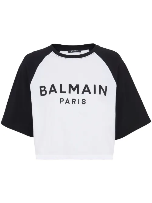 T-shirt crop en coton à logo imprimé - Balmain - Modalova