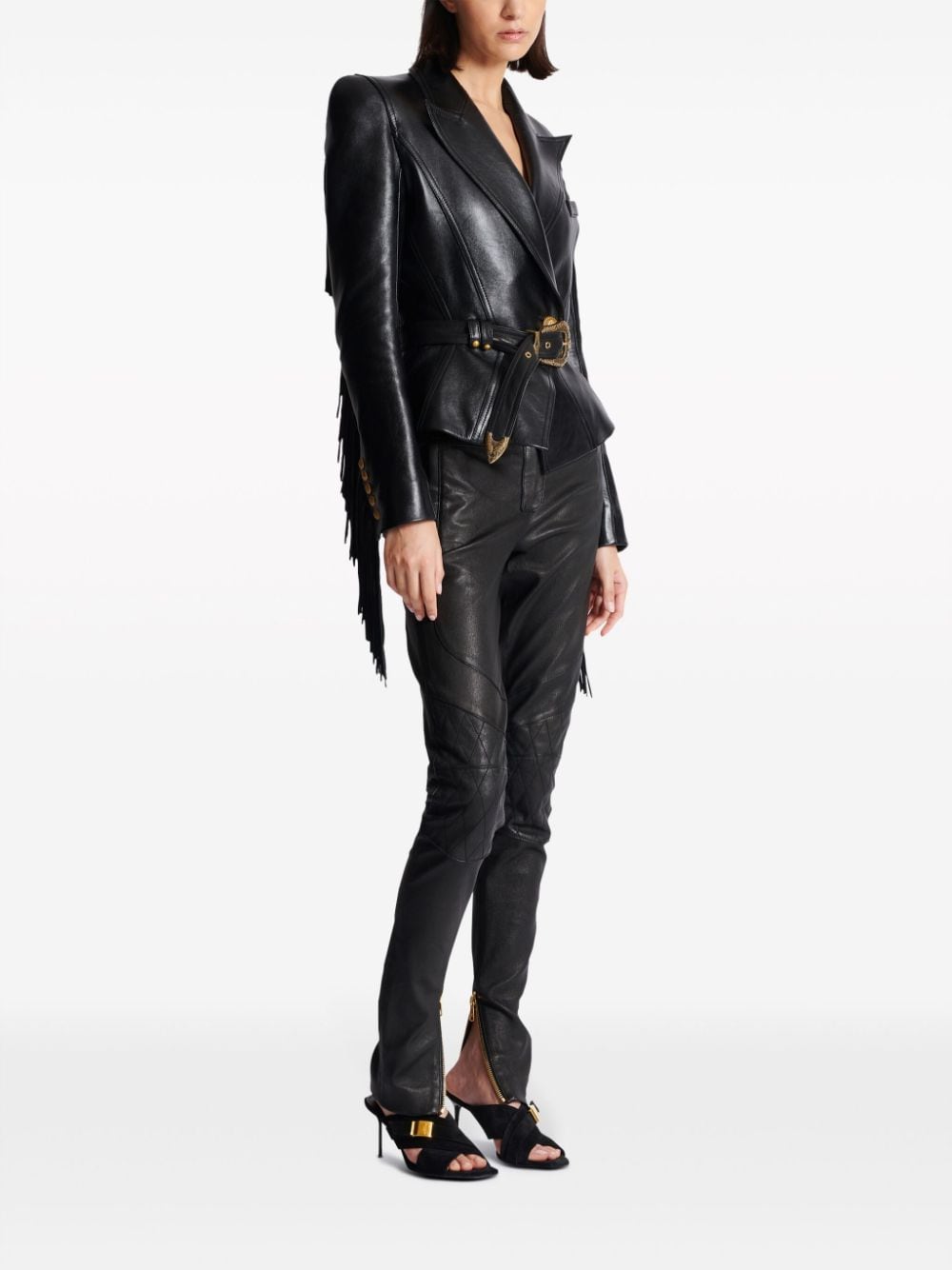 Shop Balmain Jolie Madame Fringed Leather Jacket In Black