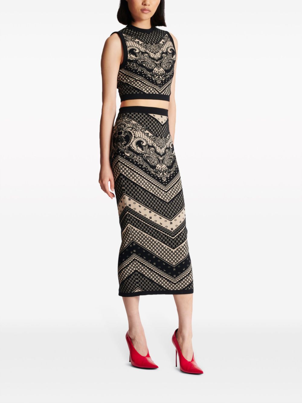 Shop Balmain Monogram-pattern Knitted Pencil Skirt In Black