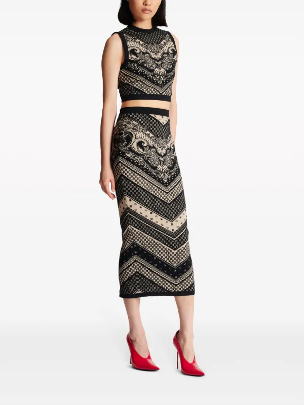 Balmain monogram-pattern Knitted Pencil Skirt | Black | FARFETCH
