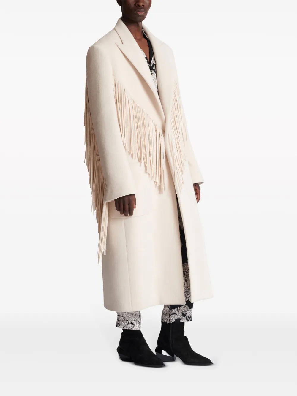 BALMAIN SINGLE-BREASTED FRINGED MAXI COAT