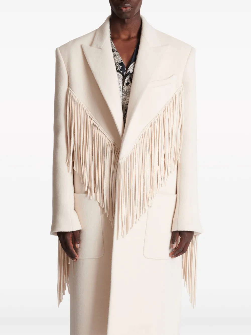 BALMAIN SINGLE-BREASTED FRINGED MAXI COAT