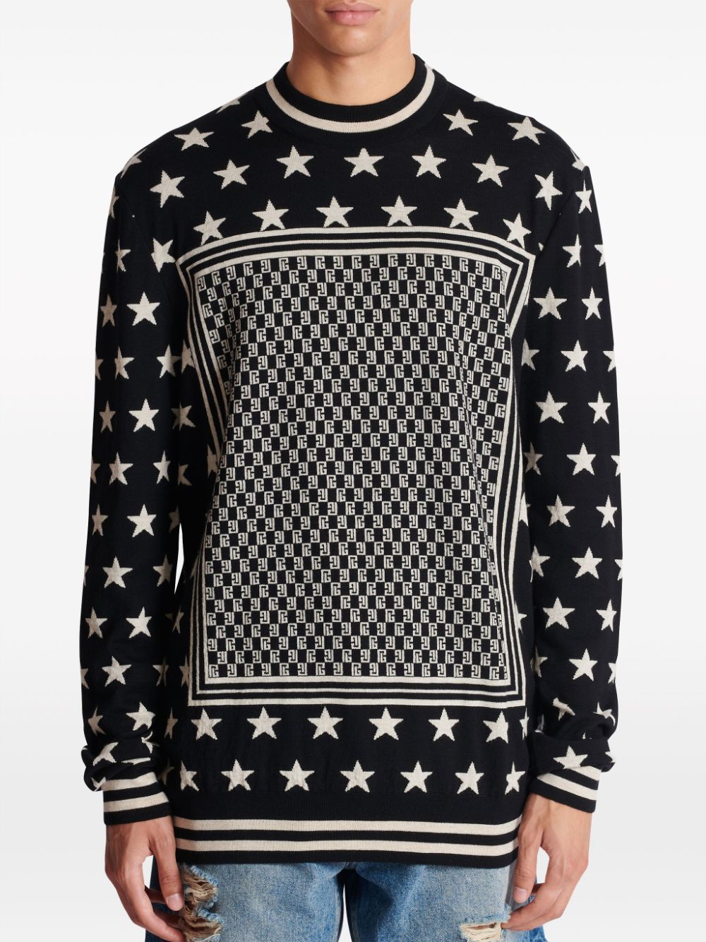 Shop Balmain Monogram Stars Wool Jumper In Black