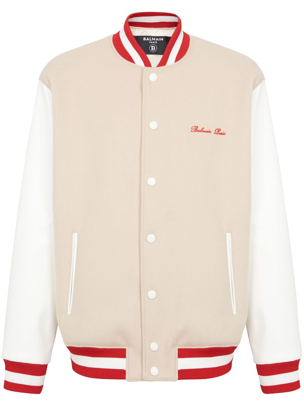 Shop Balmain Signature-embroidered Wool Varsity Jacket In Neutrals