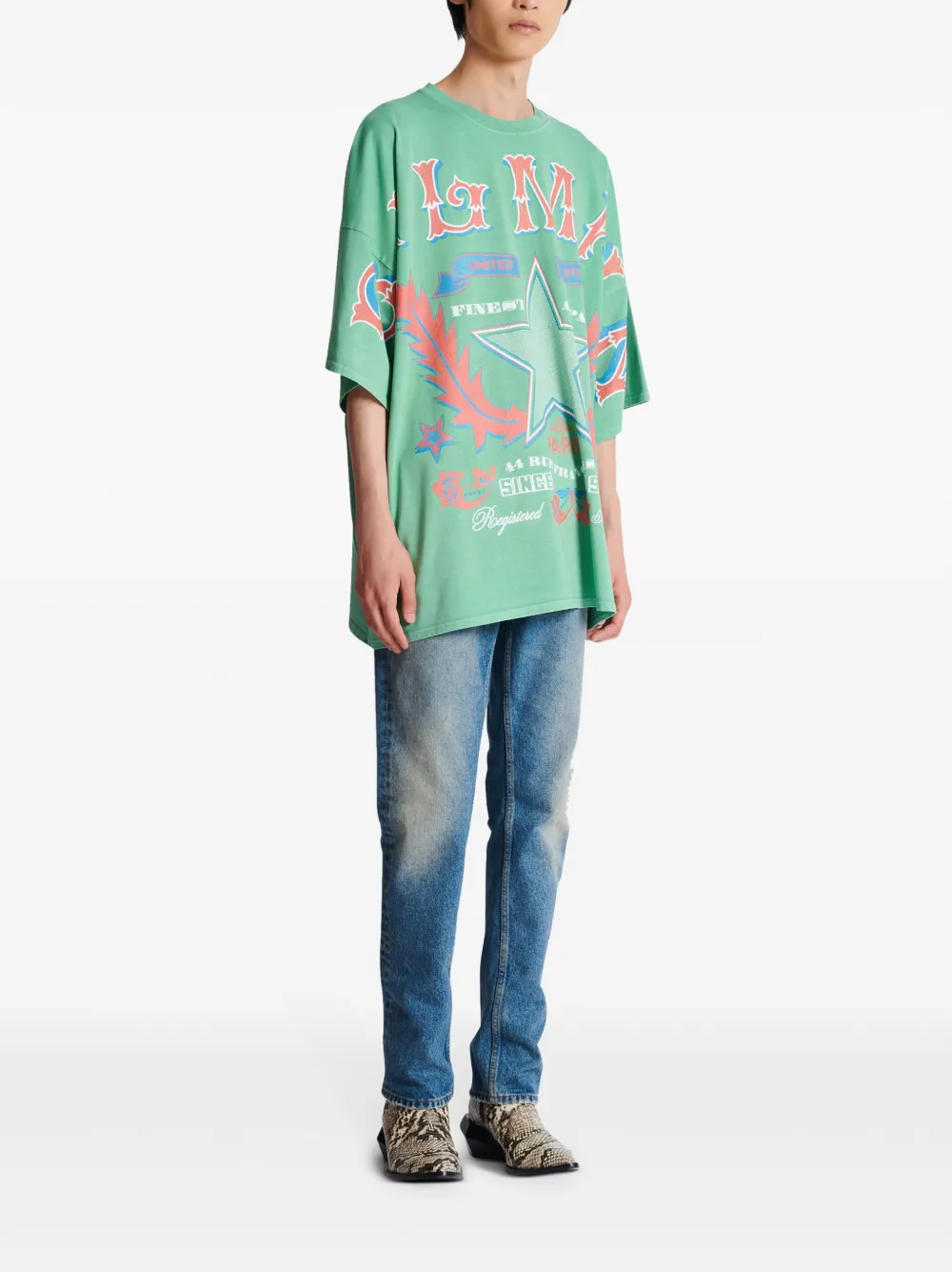 Shop Balmain Graphic-print Cotton T-shirt In Green