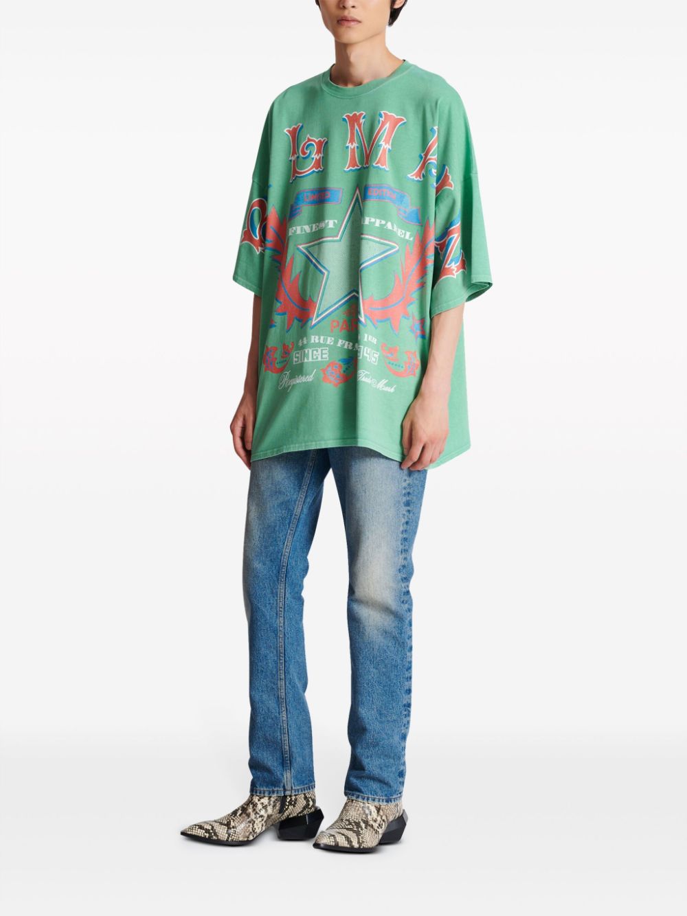 Shop Balmain Graphic-print Cotton T-shirt In Green