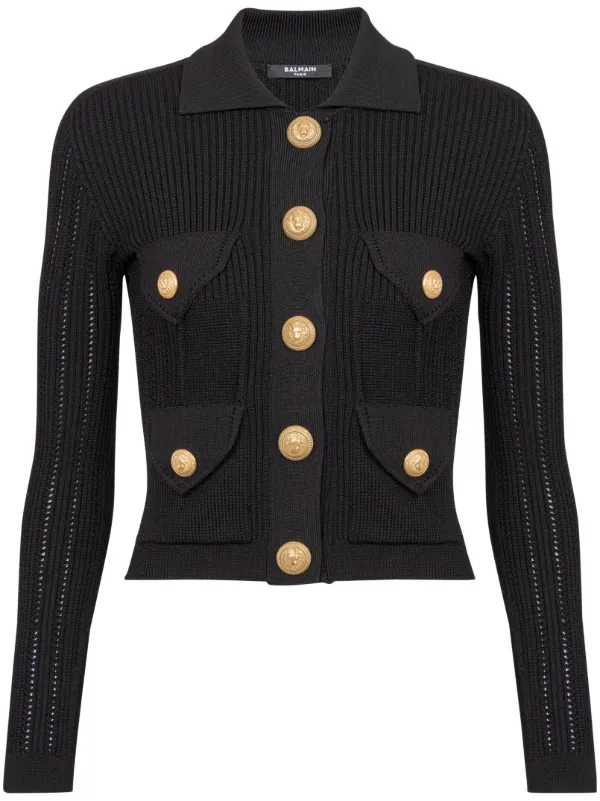 Balmain Buttoned Ribbed Cardigan in Black