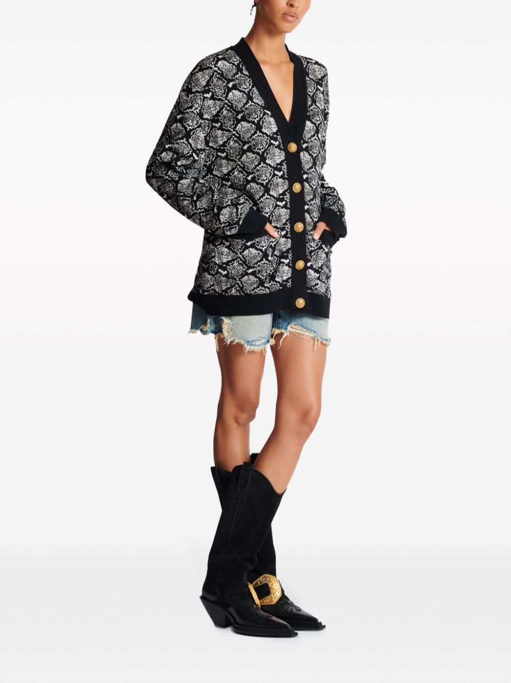 Shop Balmain Snakeskin-effect Jacquard Knitted Cardigan In Black