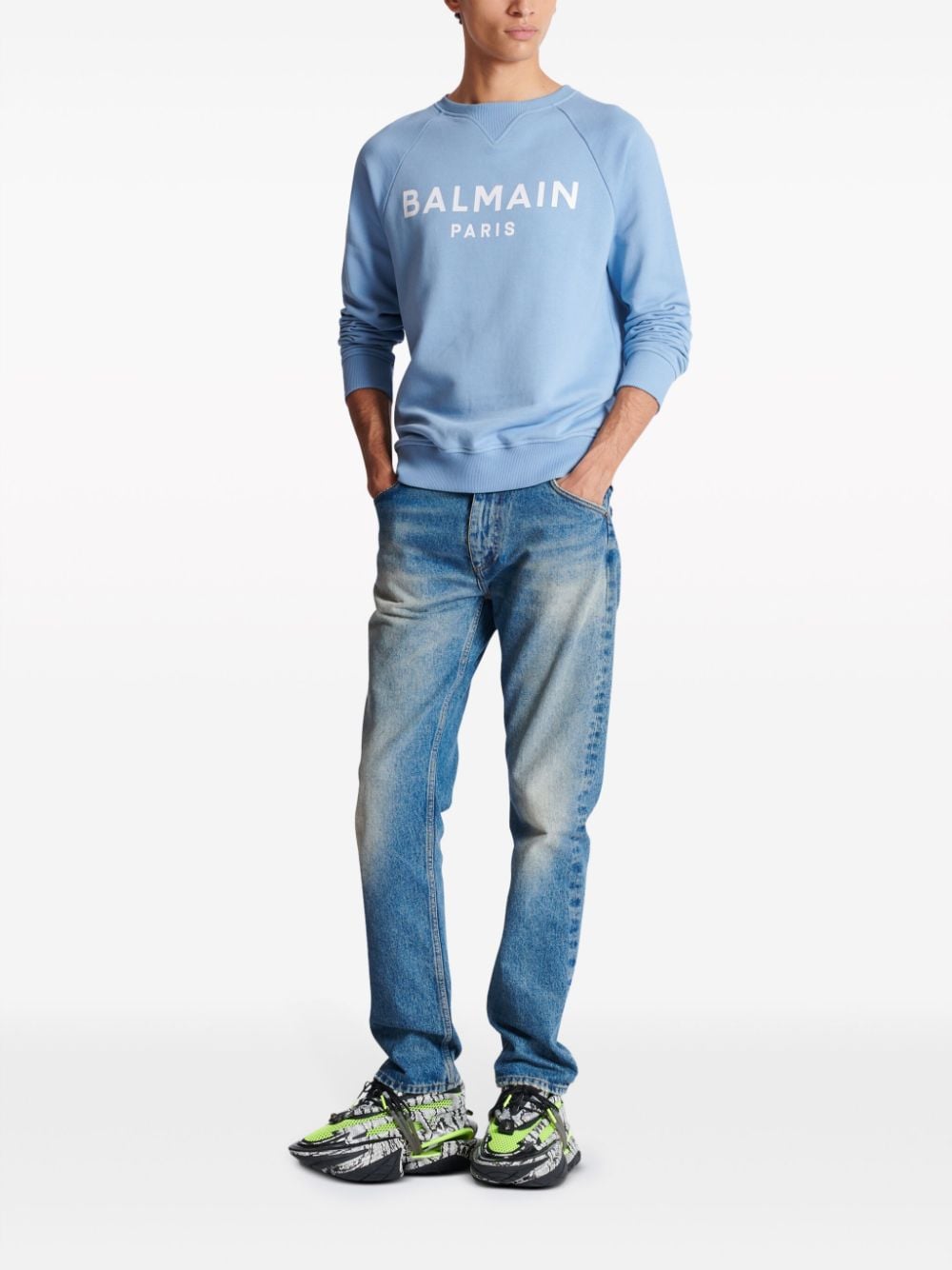 Shop Balmain Logo-print Organic-cotton Sweatshirt In 蓝色