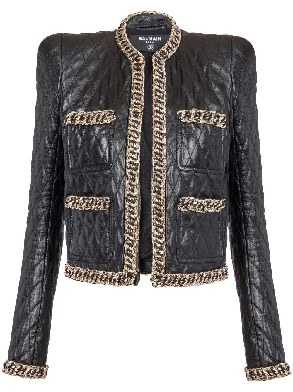 Shop Balmain Chain-detail Quilted Leather Jacket In Black