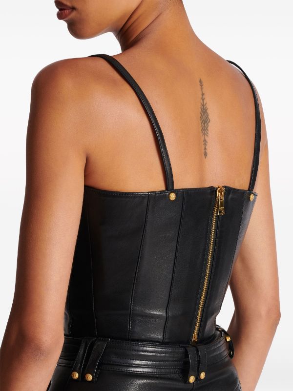 BALMAIN Cropped embellished leather bustier top