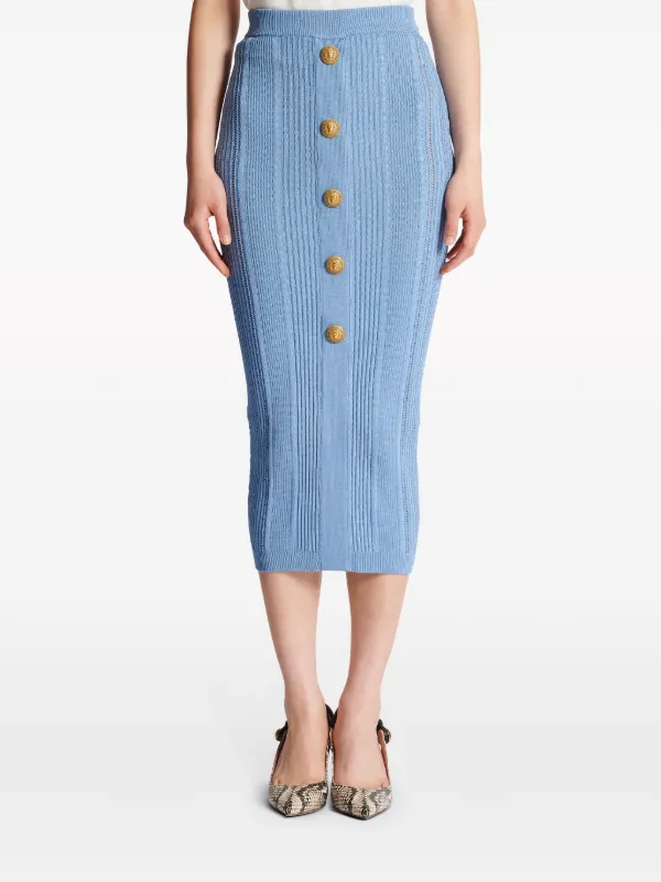Balmain ribbed-knit Midi Skirt | Blue | FARFETCH SG