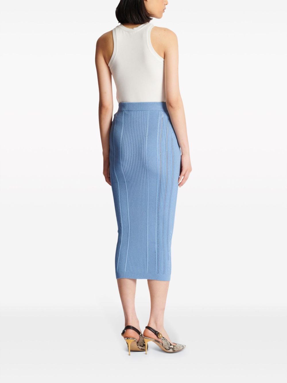 Shop Balmain 5-button Ribbed-knit Midi Skirt In Blue