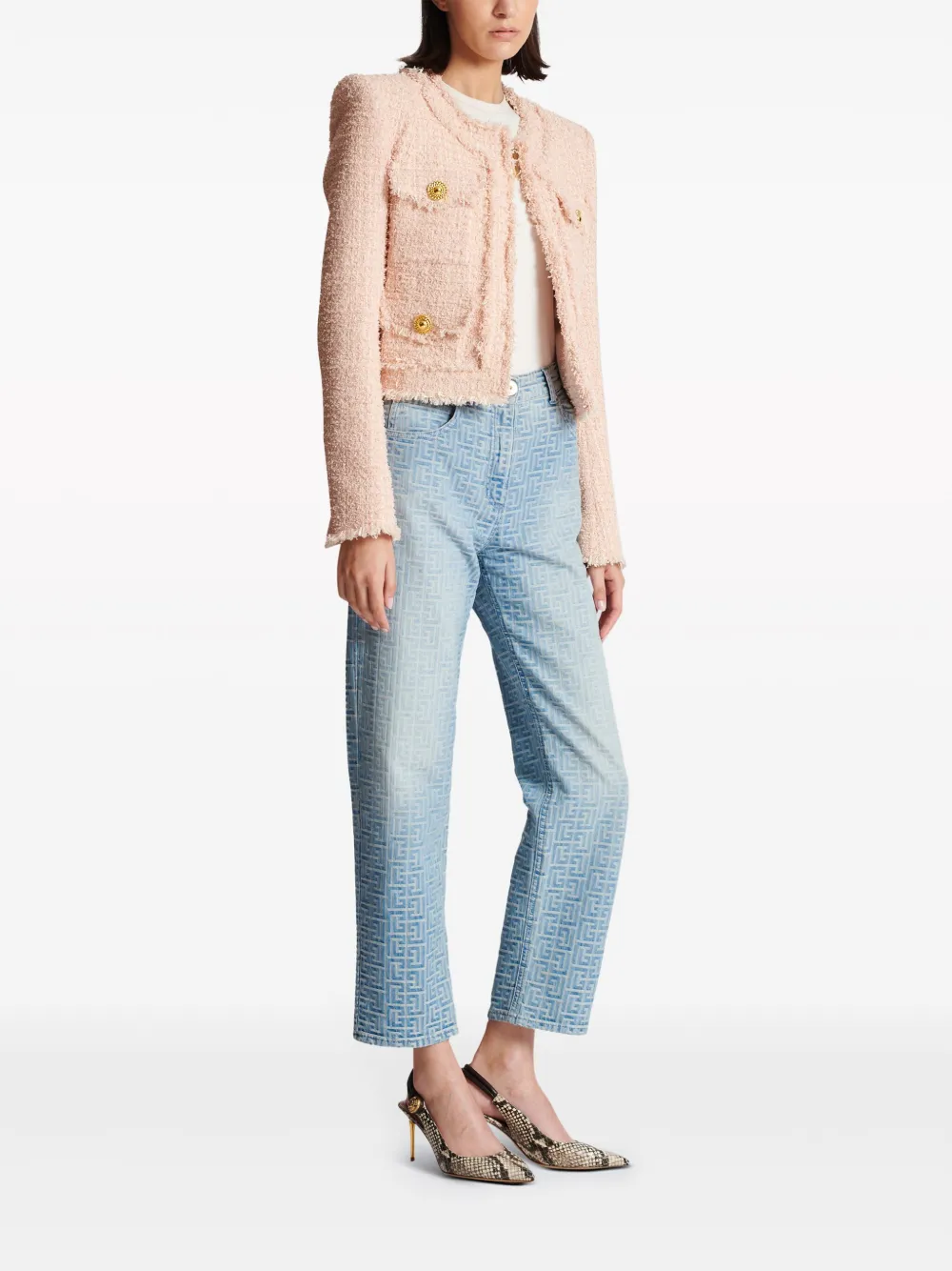 Shop Balmain Collarless Tweed Jacket In Pink