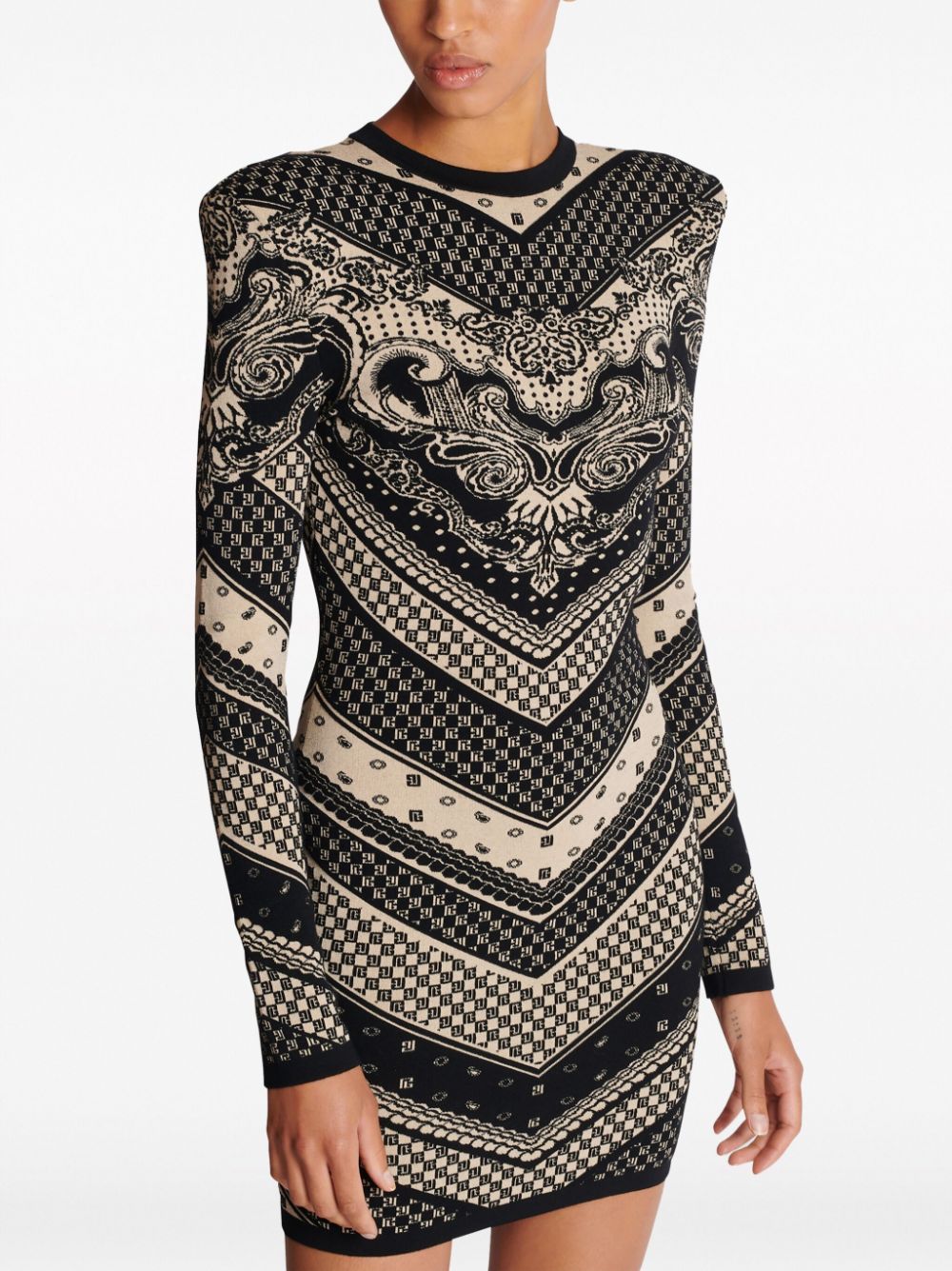 Shop Balmain Monogram-pattern Knitted Minidress In Black