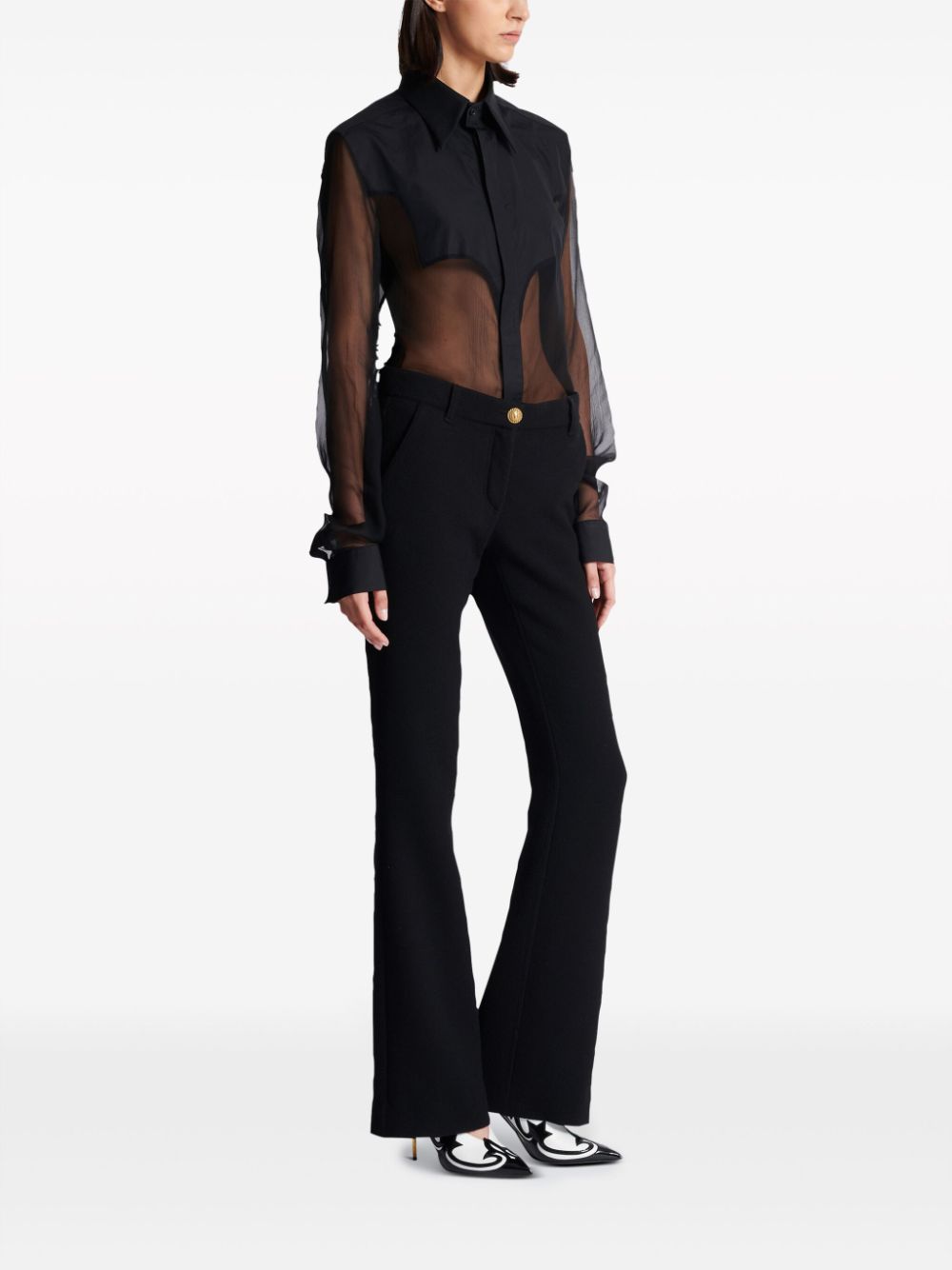 Shop Balmain Virgin Wool Crepe-texture Flared Trousers In Black
