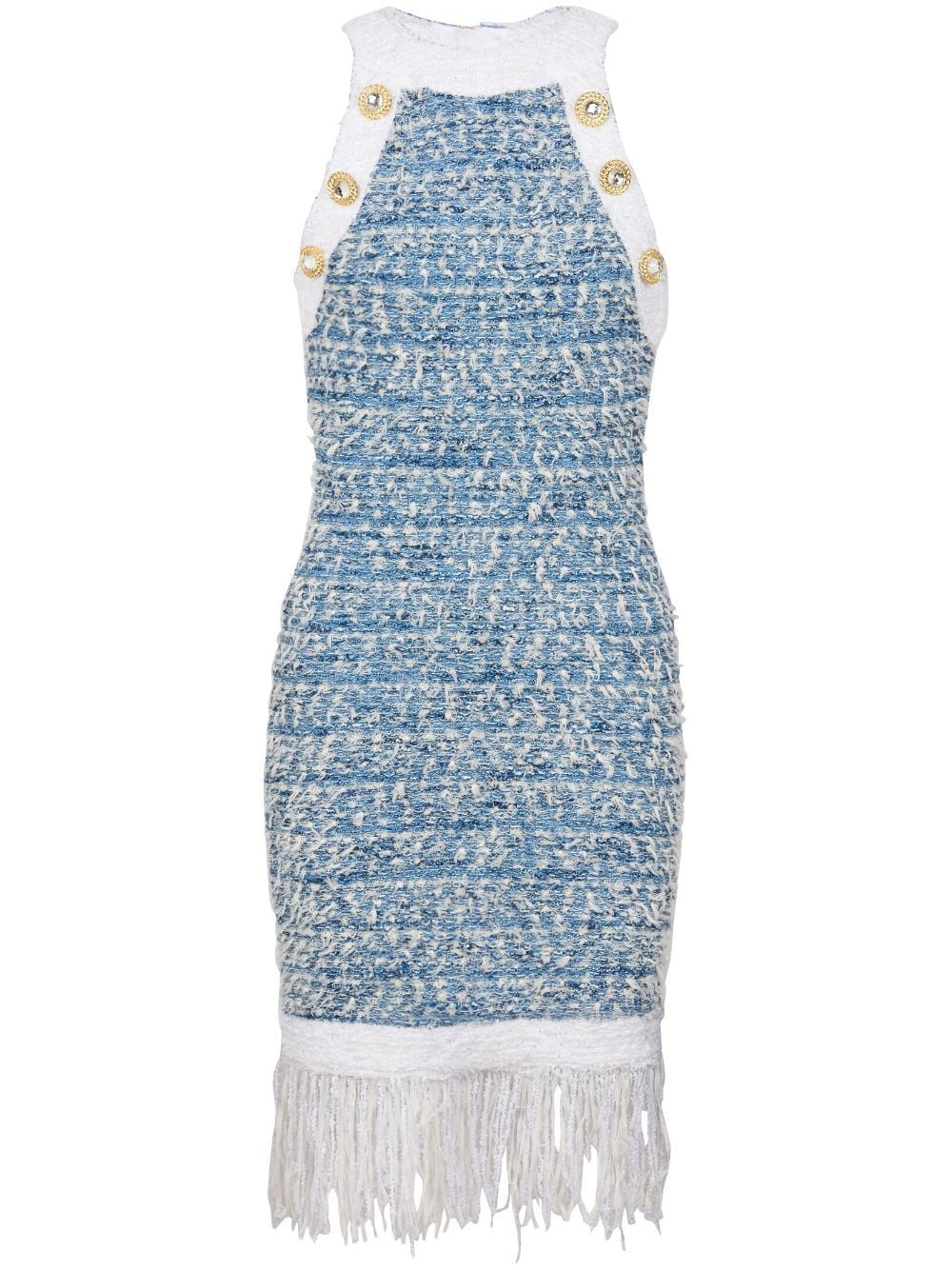 Shop Balmain Fringed Tweed Minidress In Blue