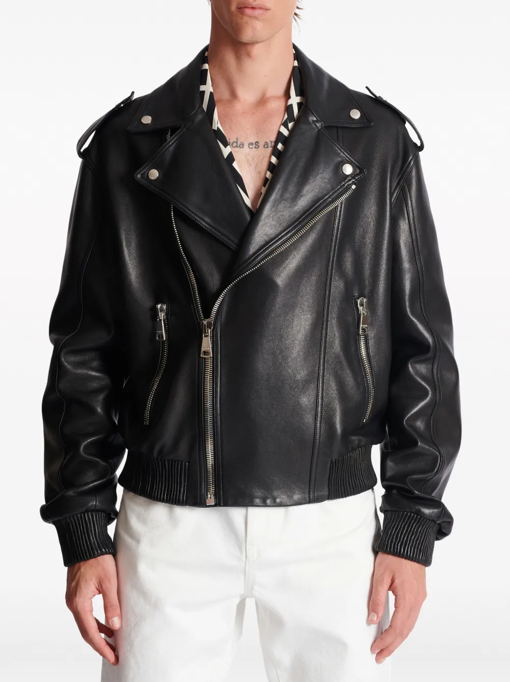 Shop Balmain Leather Biker Jacket In Black