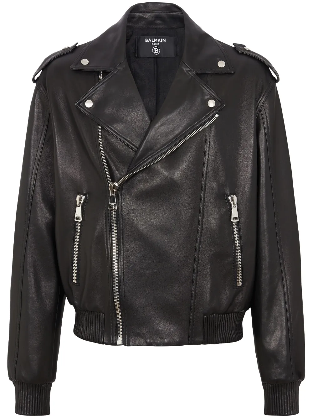 Shop Balmain Leather Biker Jacket In Black