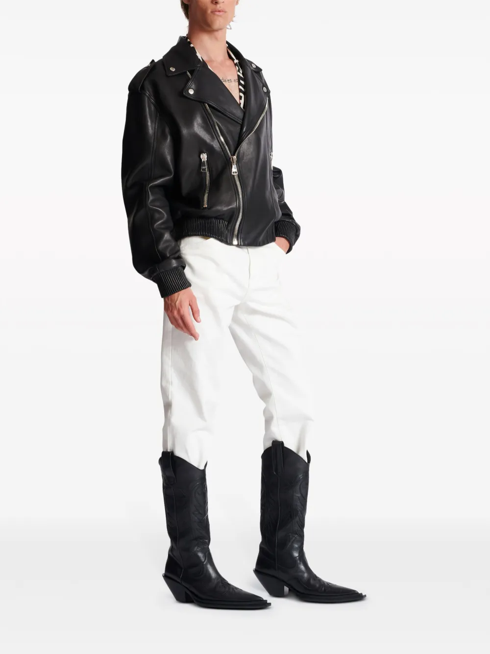 Shop Balmain Leather Biker Jacket In Black