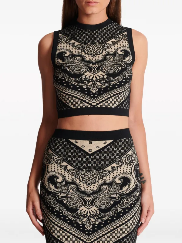 Balmain Patterned intarsia-knit Crop Top Black FARFETCH