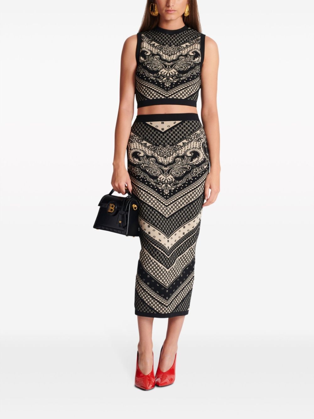 Shop Balmain Patterned Intarsia-knit Crop Top In Black