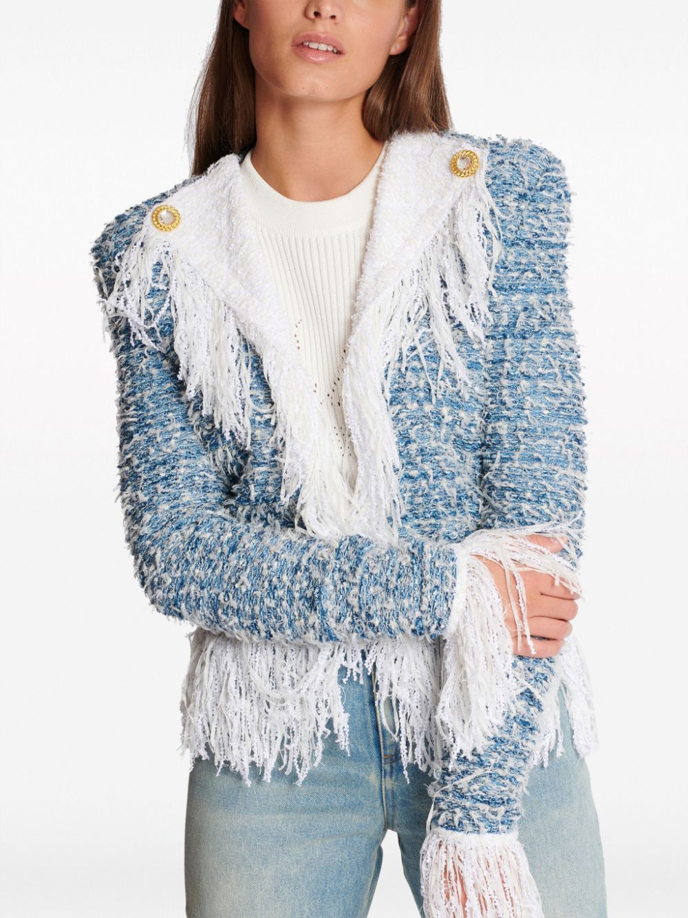 Balmain fringed denim tweed jacket Women