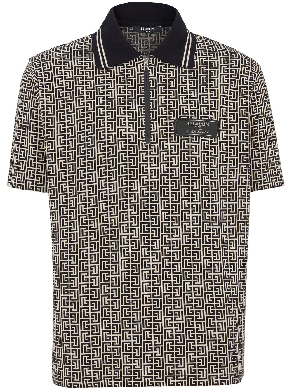 Shop Balmain Monogram Jacquard Zipped Polo Shirt In Black
