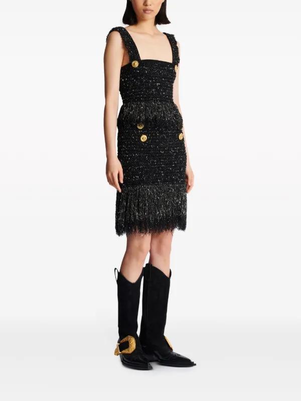Balmain 6-Button Fringed Tweed Skirt | Black | FARFETCH UK
