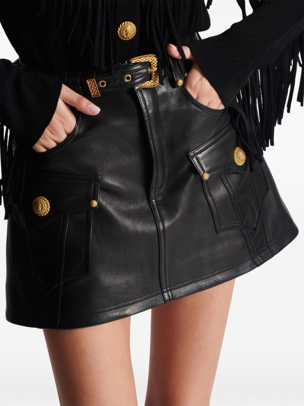 Shop Balmain Belted Leather Miniskirt In Black