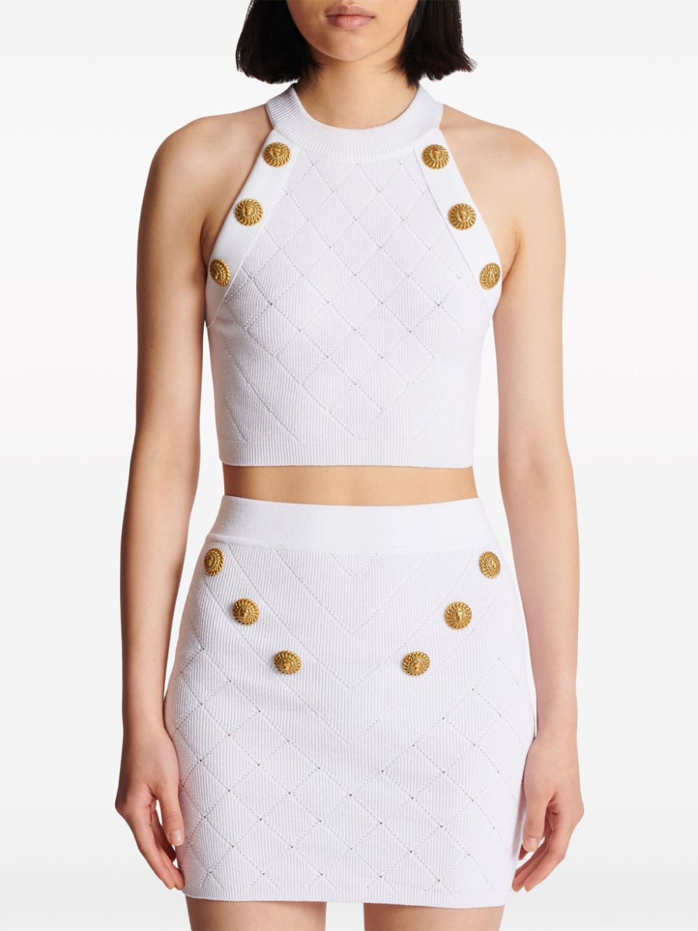 Shop Balmain 6-button Knitted Crop Top In Weiss