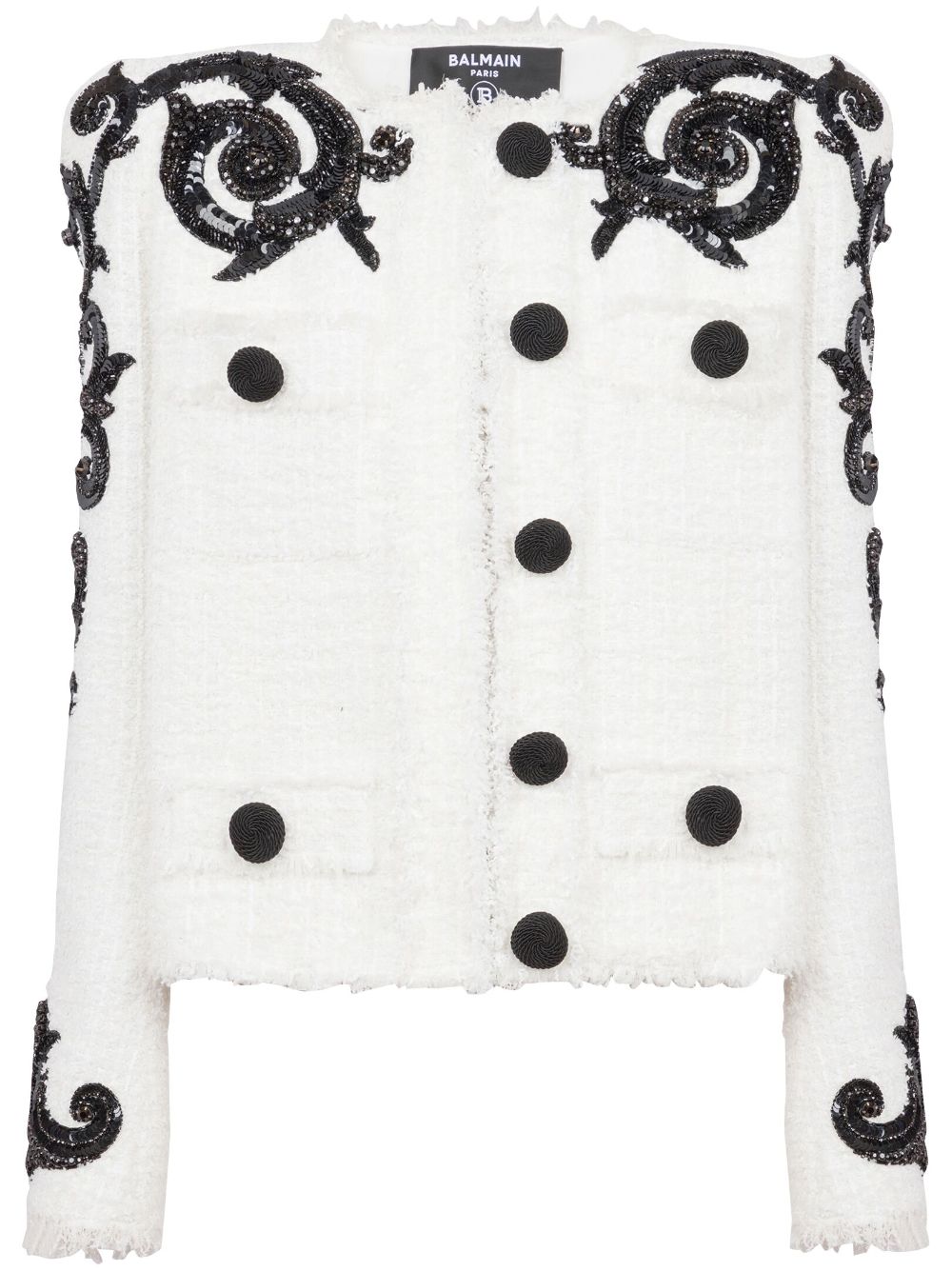 Shop Balmain Embroidered Tweed Jacket In White