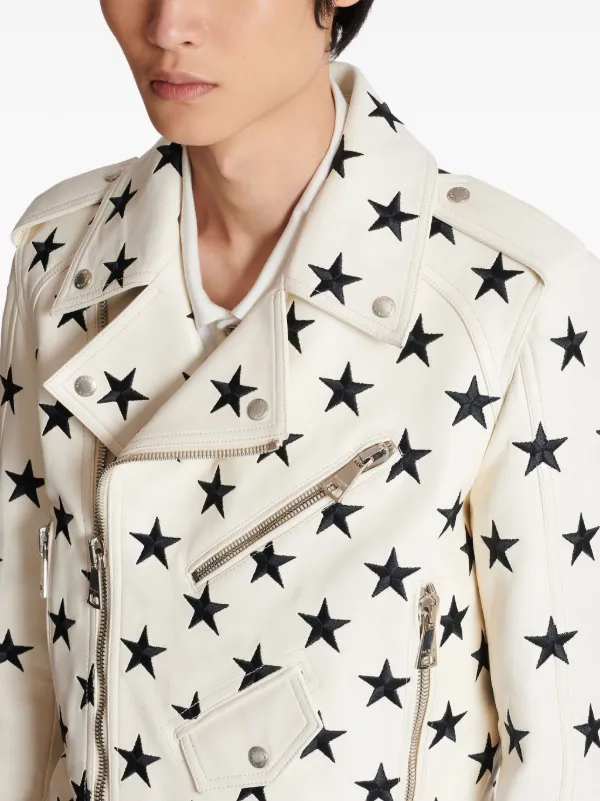 Balmain Stars Embroidered Leather Biker Jacket - Farfetch