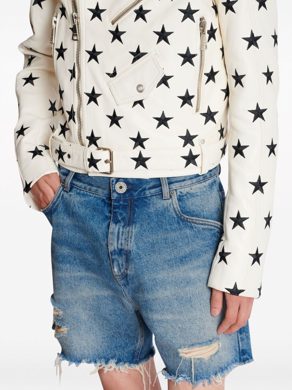 Balmain Stars embroidered leather biker jacket Men