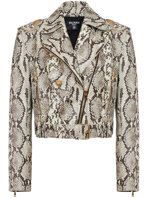 Balmain python-jacquard cropped biker jacket