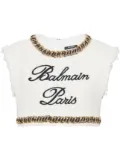 Balmain Signature-embroidered tweed crop top - White