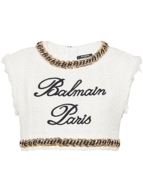 Balmain Signature-embroidered tweed crop top Women