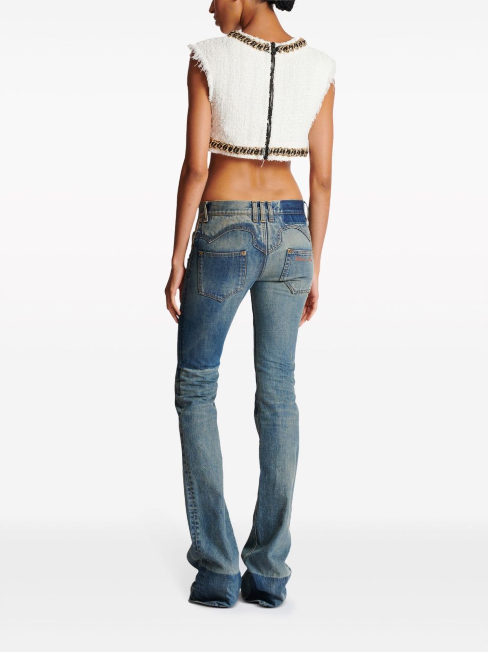 Shop Balmain Signature-embroidered Tweed Crop Top In White