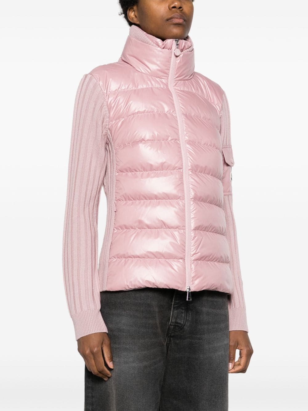 Shop Moncler Quilted Ribbed-knit Wool Cardigan In Pink