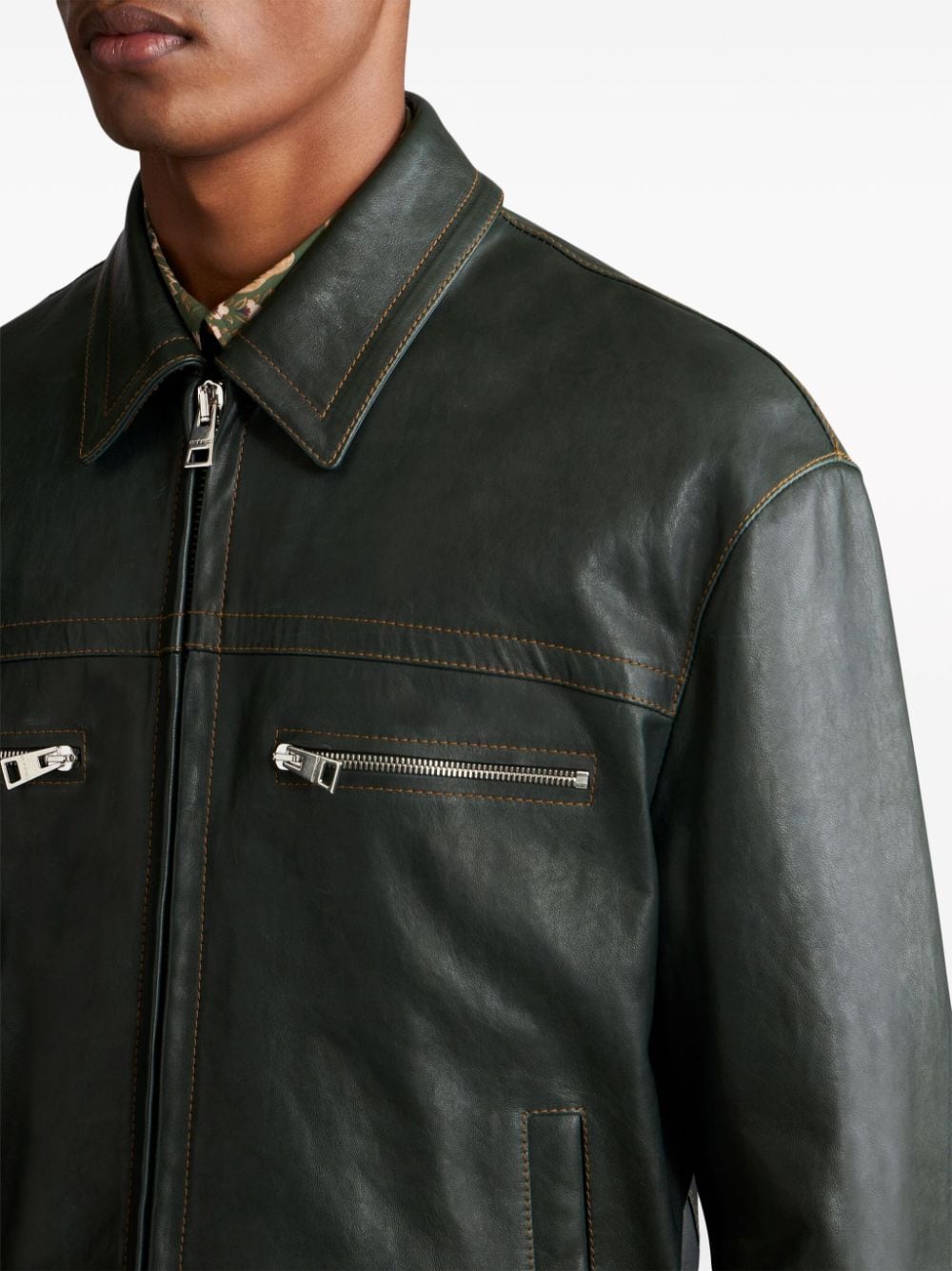 Shop Etro Debossed-logo Leather Jacket In Green