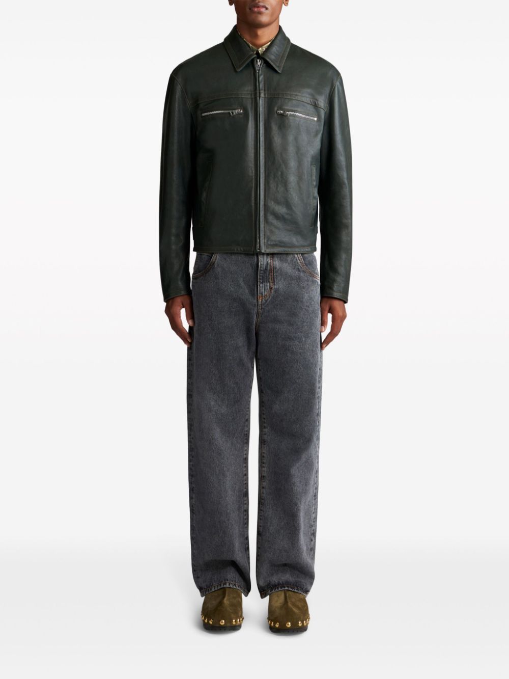 Shop Etro Debossed-logo Leather Jacket In Green