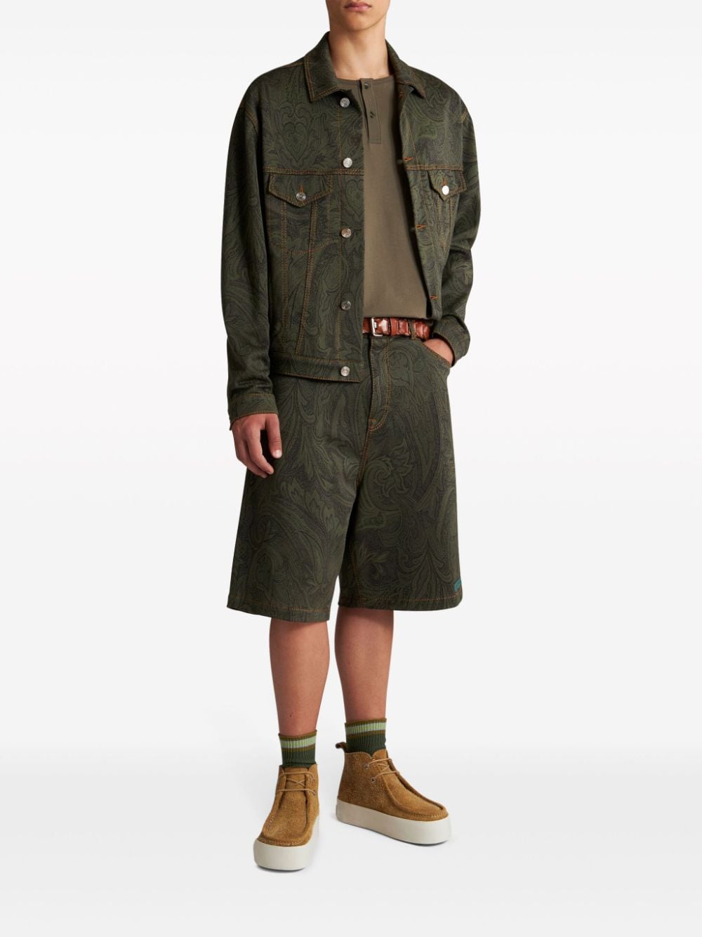 Shop Etro Paisley-jacquard Denim Jacket In Green