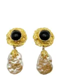 Jennifer Gibson Jewellery Vintage Craft Black Cabochon &amp; Pearl Statement Earrings 1980s - Gold