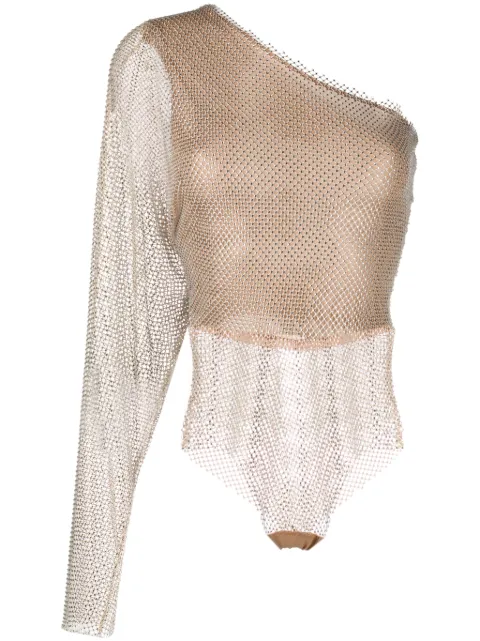 Genny batwing-sleeve rhinestone-mesh bodysuit