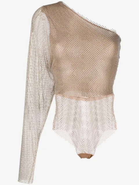 Genny batwing-sleeve rhinestone-mesh bodysuit