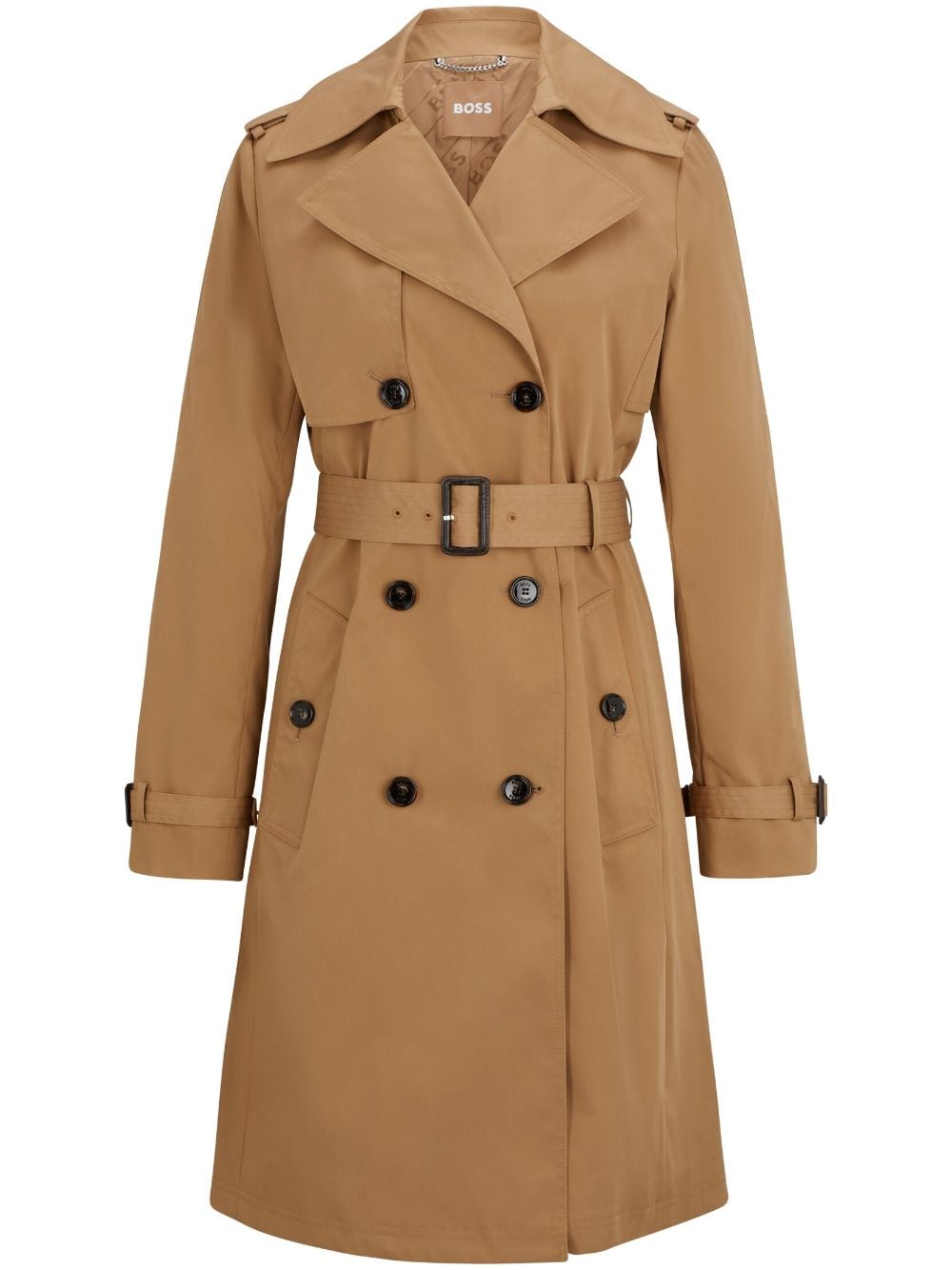 Shop Hugo Boss Belted Double-breasted Trench Coat In Brown