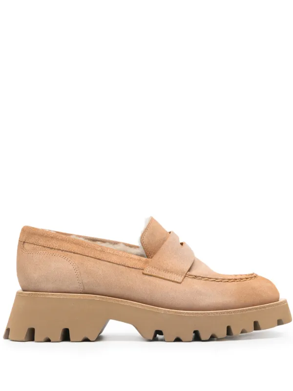 Santoni Penny Slot Suede Loafers in Brown