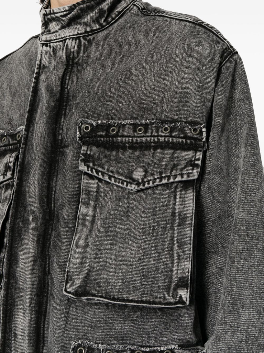 Shop Izzue Band-collar Denim Jacket In Grey