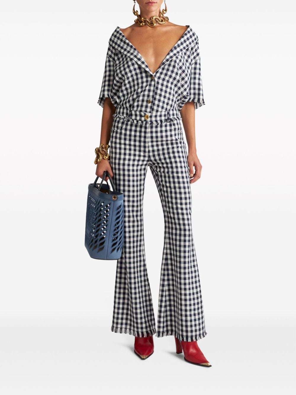 Shop Etro Gingham-check Flared Trousers In Blue