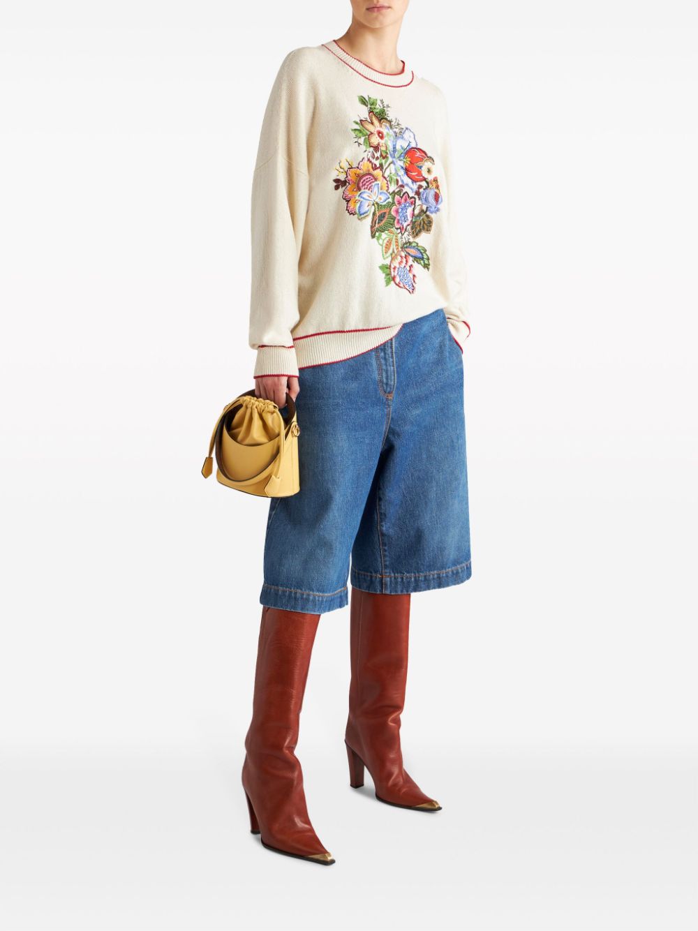 Shop Etro Floral-embroidered Cashmere Blend Jumper In Neutrals